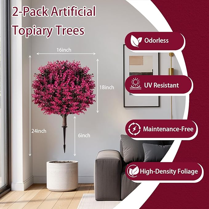 Artificial Pink Eucalyptus Topiary Ball Trees, Set of 2 UV Resistant Fake Evergreen Shrubs Bushes Plants with Ground Spike, 18" Fake Plants for Outdoor Indoor Front Porch Garden