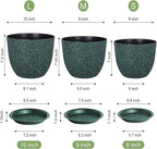 WSMKSZ Plant Pots 10/9/8 inch, Set of 3 Modern Decorative Plastic Planters with Drainage Holes and Saucers for Garden House Plants, Flower Pots for Indoor Outdoor Plants, Black with Green Speckles