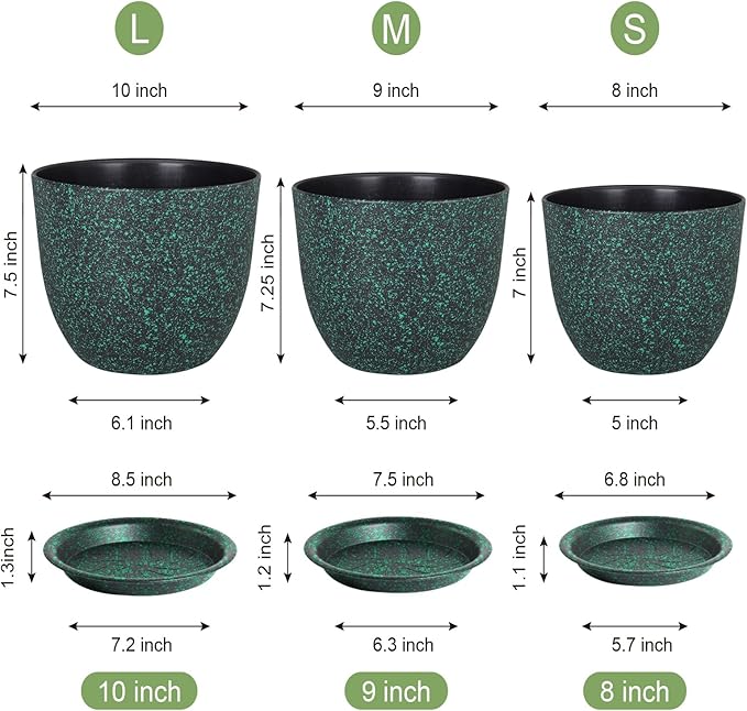 WSMKSZ Plant Pots 10/9/8 inch, Set of 3 Modern Decorative Plastic Planters with Drainage Holes and Saucers for Garden House Plants, Flower Pots for Indoor Outdoor Plants, Black with Green Speckles