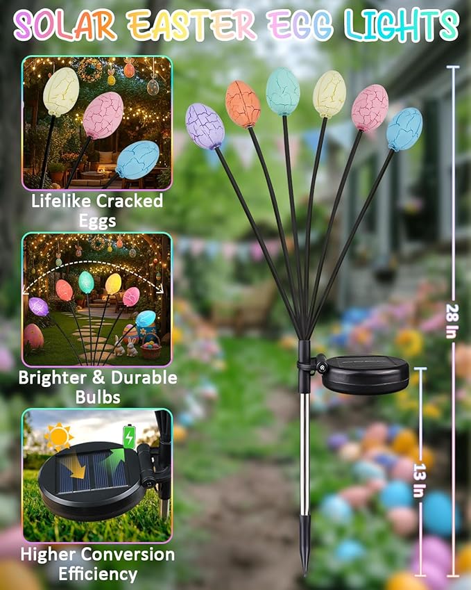 Upgraded 4 Pack Solar Easter Egg Lights Outdoor, Colorful Swaying Firefly Lights with 2 Lighting Modes, Waterproof Solar Pathway Lights for Spring Garden Lawn Yard Patio Porch Easter Decorations