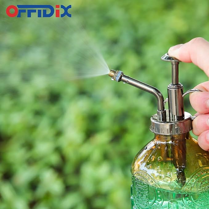 OFFIDIX Glass Plant Mister Spray Bottle, Vintage Spritzer, Succulent Watering Bottle with Bronze Plastic Top Pump, Small Sprayer Mister for Garden and Indoor Plants