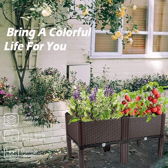Plastic Elevated Planters for Raised Garden Bed with Legs for Outdoor Plants Box Kits with Drainage Holes for Patio Deck Balcony to Planting Flowers,Vegetables,Tomato and Herbs