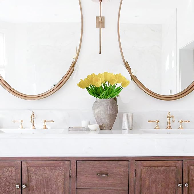 Mandy's Yellow Partially Open Artificial Tulips Flowers Centerpiece, 13.5" Lifelike PU Fake Floral Stems 12pcs for Kitchen Island & Dining Table, Spring Decor for Easter
