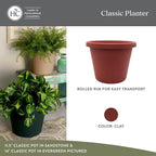 The HC Companies 17 Inch Classic Round Planter Pots with Drainage, Rolled Rim Plastic Planters for Indoor & Outdoor Plants, 2-Pack Decorative Flower Pots for Garden, Office & Home Decor, Clay