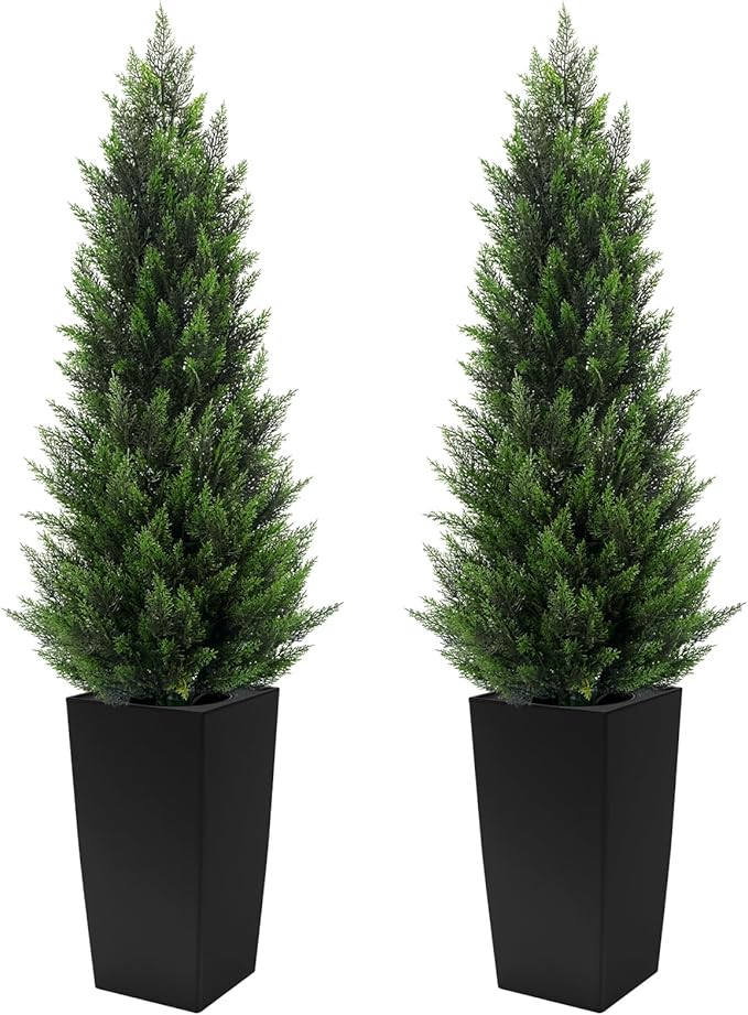 5FT Tall 2 Pack Artificial Cedar Topiary Trees with Compact Pyramidal Shape, Realistic Faux Cypress in Square Black Pot with Fillable Water Bag, Outdoor Evergreen for Front Porch Garden Home Decor