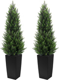 5FT Tall 2 Pack Artificial Cedar Topiary Trees with Compact Pyramidal Shape, Realistic Faux Cypress in Square Black Pot with Fillable Water Bag, Outdoor Evergreen for Front Porch Garden Home Decor