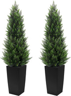 5FT Tall 2 Pack Artificial Cedar Topiary Trees with Compact Pyramidal Shape, Realistic Faux Cypress in Square Black Pot with Fillable Water Bag, Outdoor Evergreen for Front Porch Garden Home Decor
