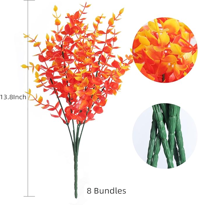 RECUTMS Artificial Outdoor Mums Artificial Eucalyptus Stems Faux Outdoor Boxwoods Faux Flowers for Outside Planters Outdoor Fake Potted Plants Faux Ferns for Spring Planter Large(Gold Eucalyptus)
