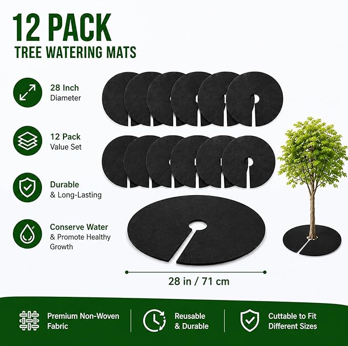 12 Pack 28 Inch Tree Mulch Rings, Non-Woven Weed Barrier Protector Circles, Round Plant Root Mat for Moisture Retention & Easy Installation