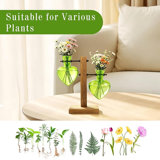 XXXFLOWER Plant Terrarium Propagation Station, Gifts for Mom Daughter Wife Plant Lover, Hydroponic Planter Bulb for Home Office Garden Decoration - 2 Green Love Bulb Vase with Wooden Stand