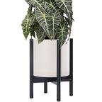 D'vine Dev Planter Pot with Stand - 10 Inch Plastic Cylinder Flower Pot with Wood Planter Holder for Indoor, Oatmeal Pot + Ebony Stand, 55-C-N-4