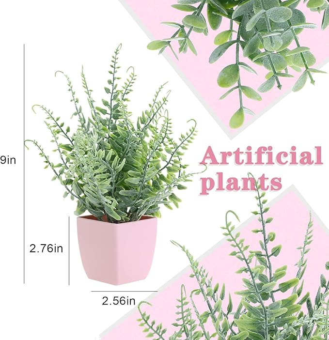 summer flower 2 Pack Small Fake Plants in Pink Pot Artificial Plant Eucalyptus Faux Potted Greenery Wheal Grass for Home Decor Indoor Bathroom Office Desk Shelf Bedroom Kitchen Cabinet Decorations