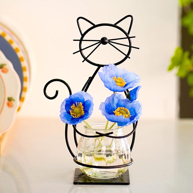 Desktop Glass Planter Vase Holder, Metal Cat Plant Terrarium Stand for Plants Creative Decorations for Home Patio Lawn Garden