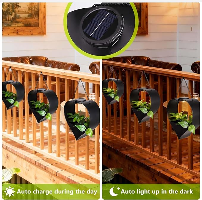 Hanging Planter with Auto-On/Off Solar Lights, Metal Heart Shaped Flower Pot for Home Garden, Patio, Porch, Balcony, Outdoor Decro, Unique Birthday Gifts for Women, Mom, Wife, Gardeners (Black)