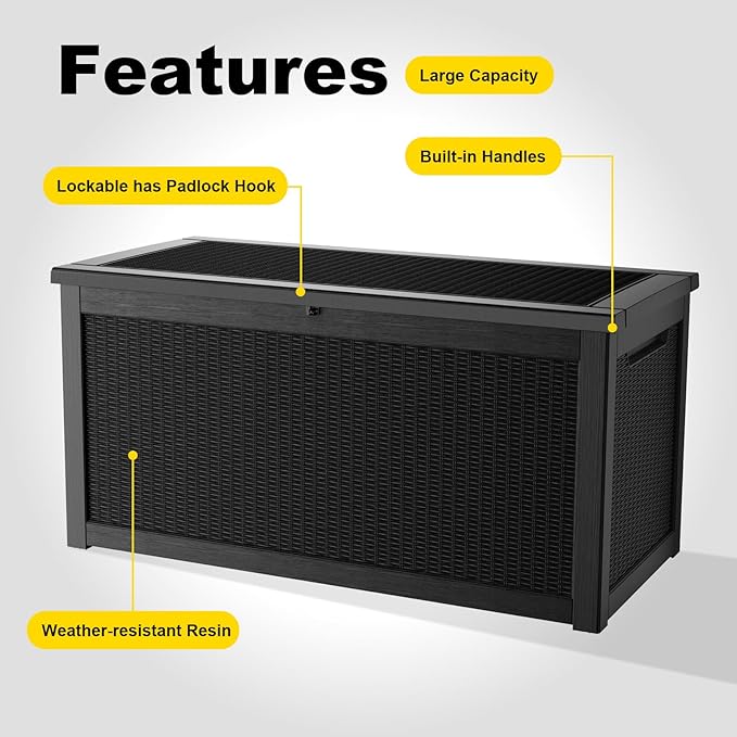 PatioZen 320 Gallon Resin Deck Box, Lockable Weatherproof Outdoor Storage Box for Furniture, Garden Tools and Tools Storage, Waterproof Outside Storage Boxes - Black