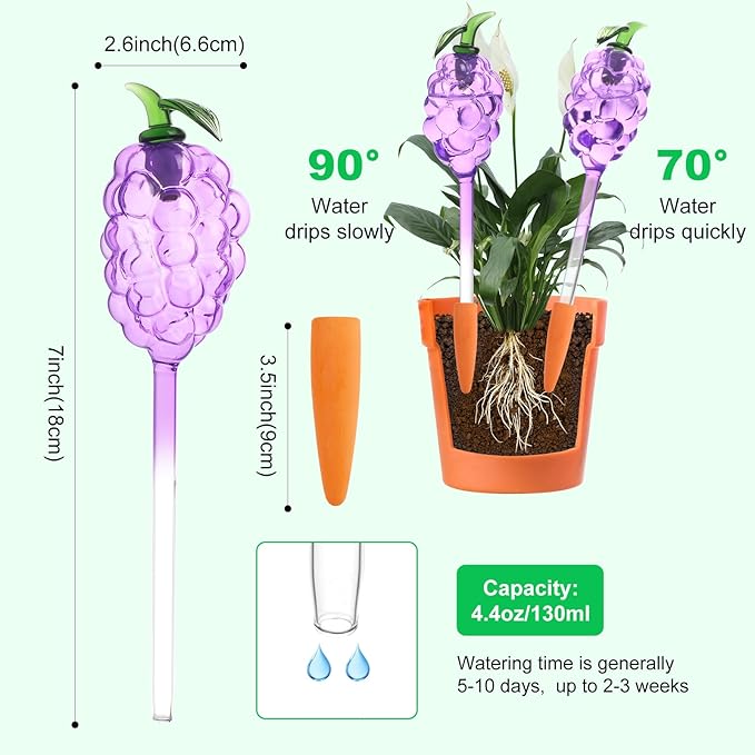 3 Packs Grape Plant Watering Globes with Terracotta Stakes, Glass Self-Watering Planter Insert, Automatic Watering Bulbs for Indoor & Outdoor Plants, Refillable via Top Opening