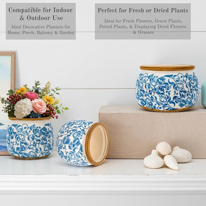 Vintage Ceramic Flower Pots - Indoor Outdoor Planters with Drainage Holes & Filter Screen, 6.5’’& 9’’ Rustic Farmhouse Decorative Plant Pots for Garden/Patio (Blue Vines, Small to Large Bundle)