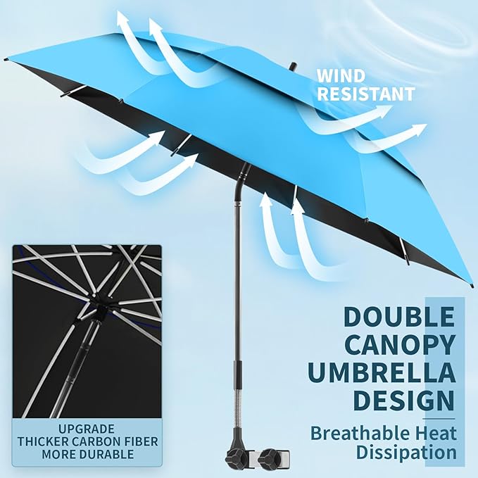 2 Pack 48.6" Double Canopy Umbrella with Clamp, UPF50+ Beach Chair Umbrella with clip, 360°Adjustable Portable Outdoor Shade, Patio Chairs, Golf Carts,Camping(Not Include Chair)