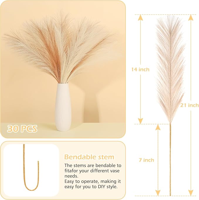 SeptCat 30 Pcs Pampas Grass Decor 21.7" Fluffy Faux Short Brown Pampas Grass Artificial Small Pompas Grass Flower Vase Filler for Home Wedding Living Room Wall Party Decoration