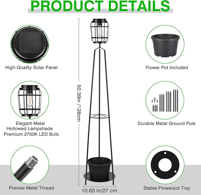 TOWPONICS 2-Pack Solar Lights Outdoor with Plant Stands, 52.4'' Solar Floor Lamp with Planter & LED Edison Bulbs, Patio Lights Outdoor Waterproof Garden Decor, Yard Porch Balcony Decoration