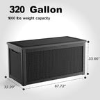PatioZen 320 Gallon Resin Deck Box, Lockable Weatherproof Outdoor Storage Box for Furniture, Garden Tools and Tools Storage, Waterproof Outside Storage Boxes - Black