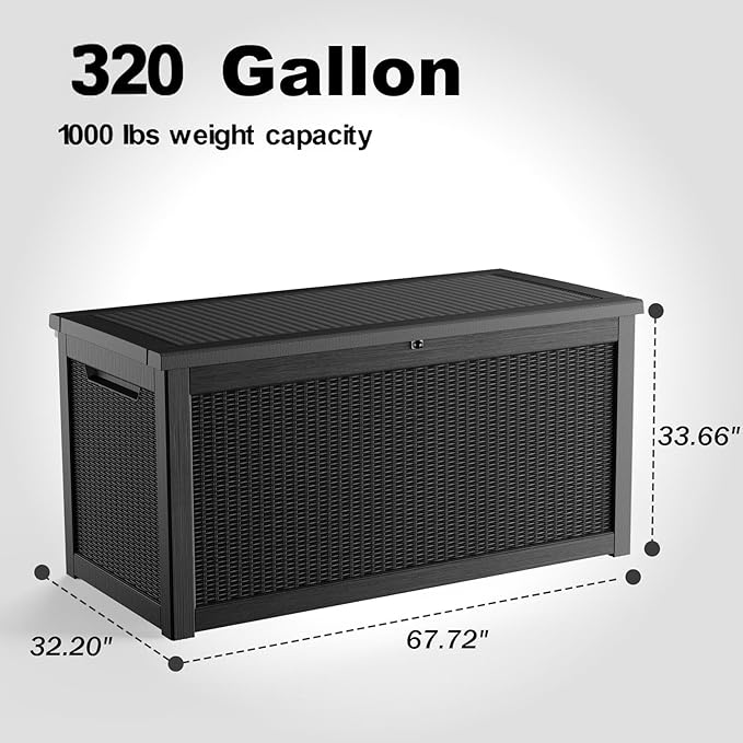 PatioZen 320 Gallon Resin Deck Box, Lockable Weatherproof Outdoor Storage Box for Furniture, Garden Tools and Tools Storage, Waterproof Outside Storage Boxes - Black