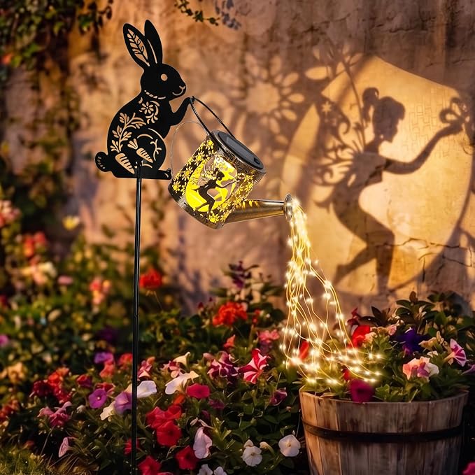 LOVERUIS Garden Statues Bunny with Solar Watering Can Lights, Cute Outdoor Bunny Figurines Garden Decor for Patio Yard Lawn Ornaments, Unique Gift for Women Mom