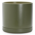 D'vine Dev 14 Inch Ceramic Planter Pot with Drainage Hole and Saucer, Indoor Cylinder Round Planter Pot, Olive, 94-O-G-J