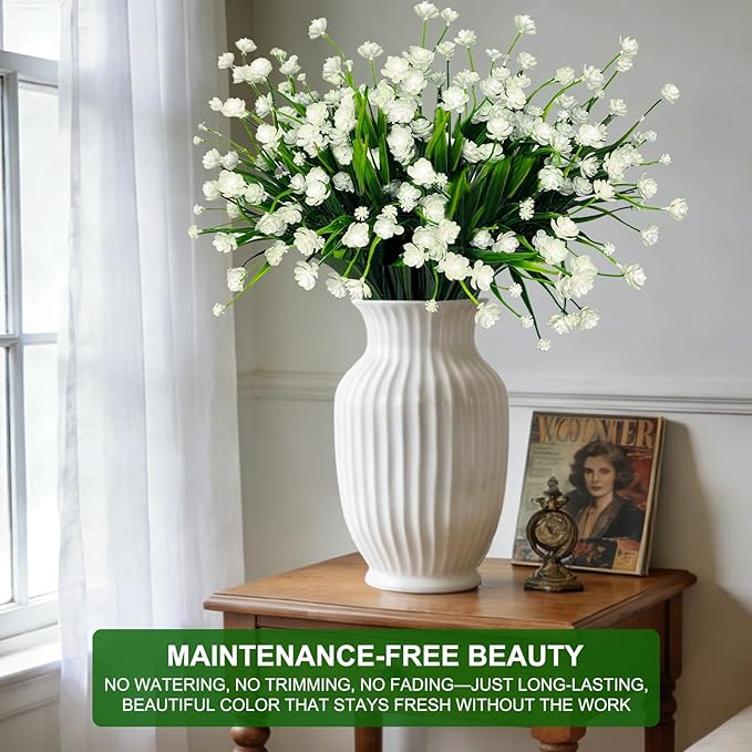 TURNMEON 20 Bundles Artificial Flowers for Outdoors,Spring Grass Camellia Fake Flowers Plastic Plants,UV Resistant No Fade Faux Greenery for Gardens Porch Planter Summer Cemetery Decor 500 Head(White)