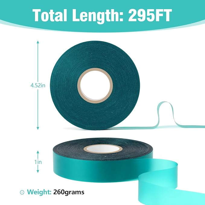 Prudiut 300FT Stretch Tie Tape Roll, 1'' Plant Tape Green Stretch Garden Tie, Thick Sturdy Tree Nursery Tapes Vinyl Stake Ribbon Support for Indoor Outdoor Patio Plant, Tree, Vegetables, Branches