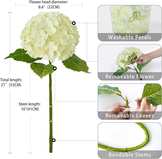 ZYTUYO 3PCS Cream Hydrangeas Artificial Flower 21" Real Touch Faux Latex Fake Hydrangeas Silk Bouquet for Home Kitchen Living Room Spring Table Office Wedding Party Arrangement