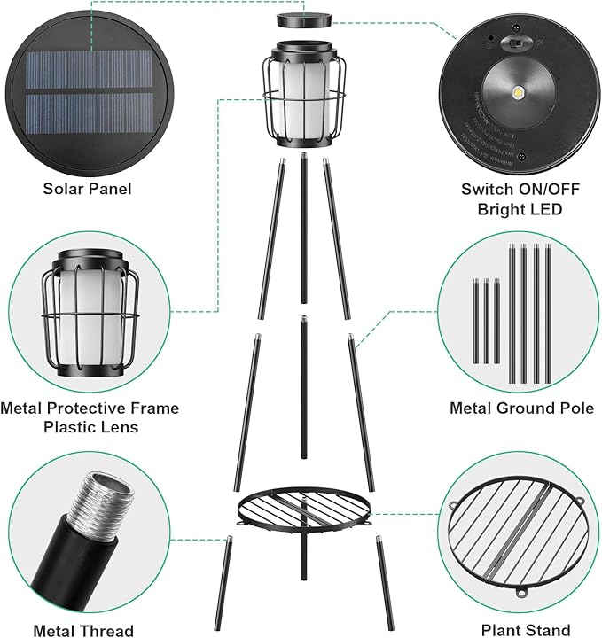 VISFLAIR 2 Pack Solar Lights with Plant Stand, Outdoor Floor Lamps, Waterproof Solar Powered Floor Lamps for Patio Deck Porch Yard Garden Decor