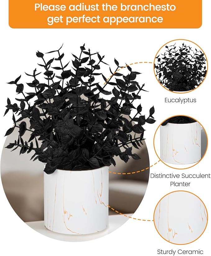 Taybonds 2 Pack Black Fake Eucalyptus Plants Potted, Small Artificial Plants in Marble Ceramic Pots, Black Christmas Decor for Shelf Desk Office Bathroom, Gothic & Minimalist Winter Home Decoration