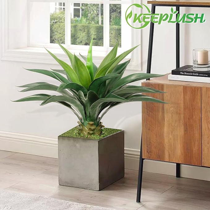Artificial Agave Plant 2ft - 24" Large Fake Aloe Vera Plants Indoor with Fake Grass - Fake Floor Plant for Front Porch Patio Home Office Door Step Hotel Desert Style Decor 2PCS