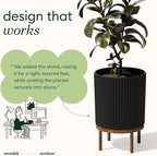 Veradek Demi Series Round Planter w/Stand for Porch/Patio | Durable Plastic-Stone Composite & Wooden Stand | Modern Décor for Tall Plants, Flowers