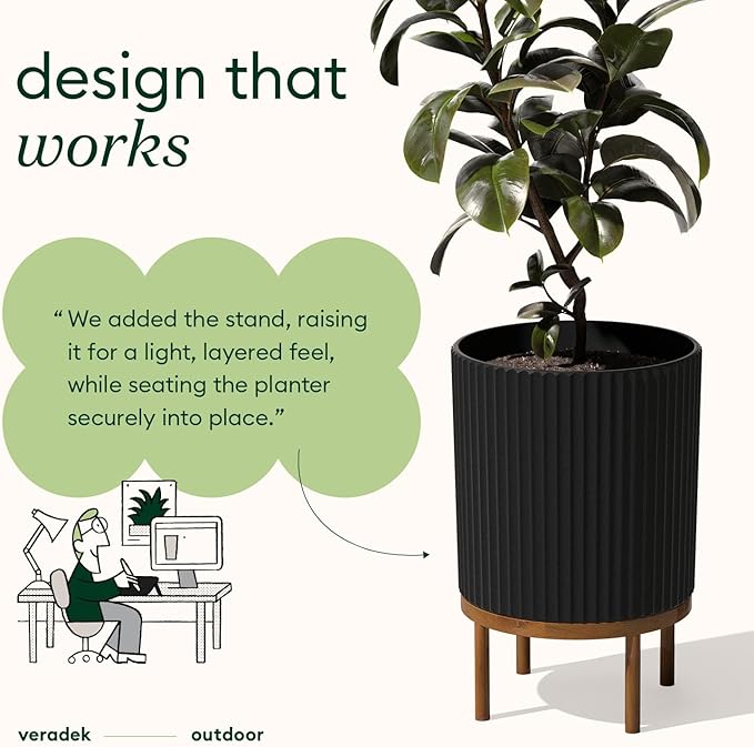 Veradek Demi Series Round Planter w/Stand for Porch/Patio | Durable Plastic-Stone Composite & Wooden Stand | Modern Décor for Tall Plants, Flowers