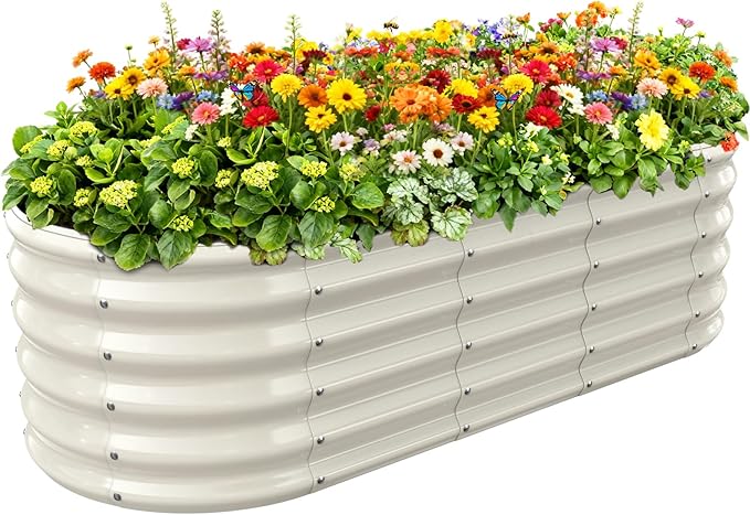 YSEJOMP 17" Tall Outdoor Garden Raised Garden Bed Kits, 5ft X 2ft Oval,0.8MM Thick Metal Raised Planter Bed/Ground Planter Box for Variety of Flowers,Herbs,Vegetables (Cream White, 60X24X16.5 Inches)