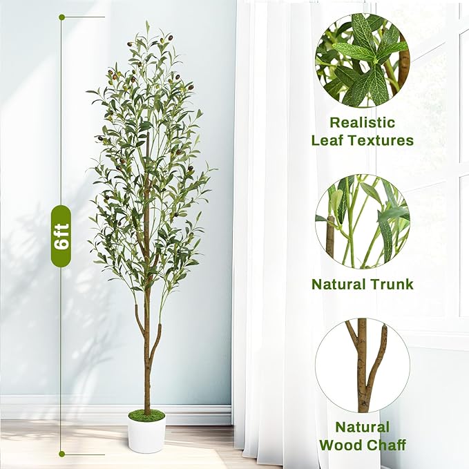 Waipfaru Artificial Olive Tree, 6FT Tall Faux Olive Trees with Planter & Basket, Artificial Plants Indoor with Natural Wood Trunk and Realistic Fruits for Home Decor Office Living Room