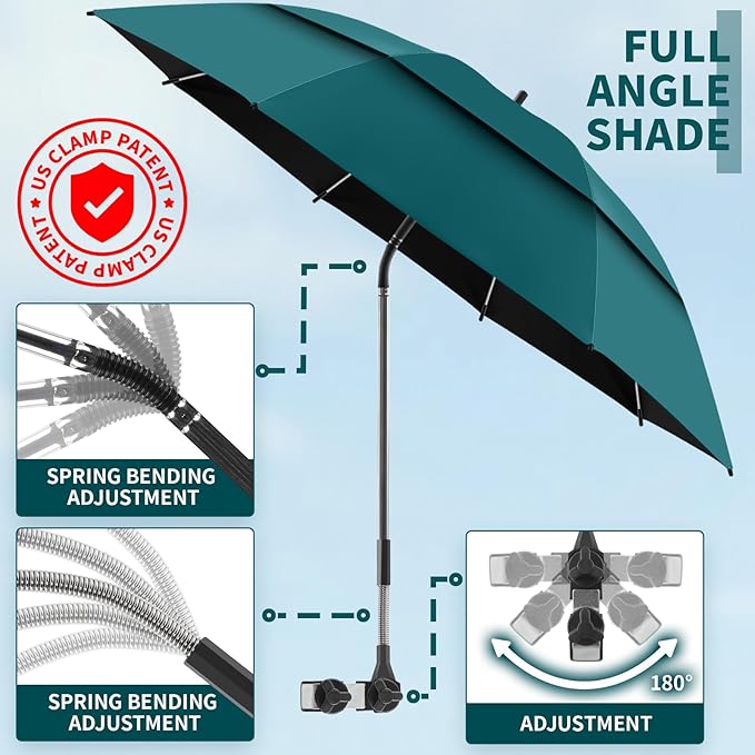 48.6" Double Canopy Beach Umbrella with Clamp, UPF50+ Beach Chair Umbrella with clip, 360°Adjustable Portable Outdoor Wheelchair, Patio, Golf Carts,Camping(Hunter Green)