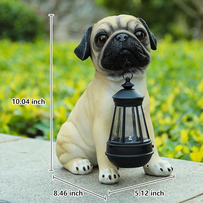 Garden Dog Statues Outdoor Decor, Solar Lights Outdoor Pug Figurines Solar Dog Ornaments for Patio, Lawn, Yard Art Decoration, Housewarming Garden Gifts for Mom