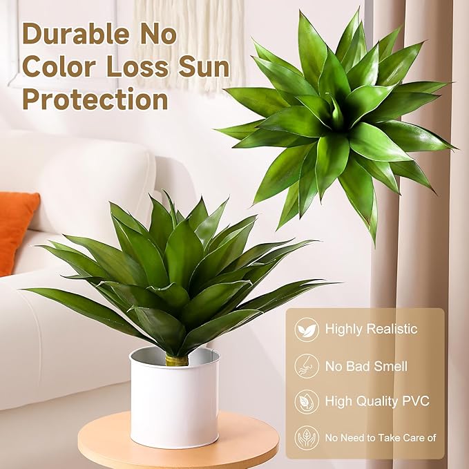 JUSTOYOU 28" Artificial Agave Plants Outdoor Large Fake Agave Plants Faux Succulents for Outdoor Indoor Home Front Porch Decor (2, Green)