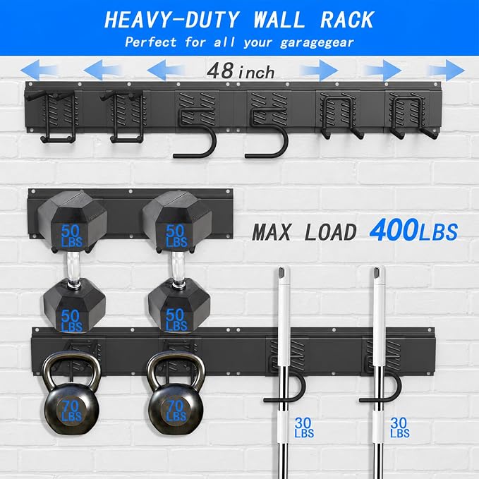 CBWLWJ Garage Tool Organizer Wall Mount, 48 inch Garage Wall Organizer, 400lbs Sturdy Garden Tool Organizer with 6 Adjustable Hooks, for Yard, Shed, Basement, Workshop(Black)
