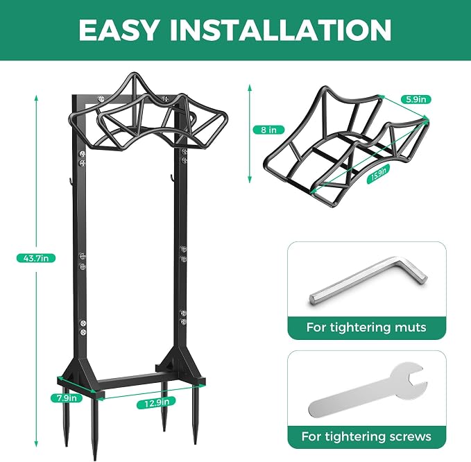 Garden Hose Holder Holds 160Ft Hoses, Heavy-Duty Freestanding Water Hose Stand with 2 Tool Hooks, Rustproof Hose Rack with 4 Spikes Hose Hanger Storage for Outside, Yard, Lawn