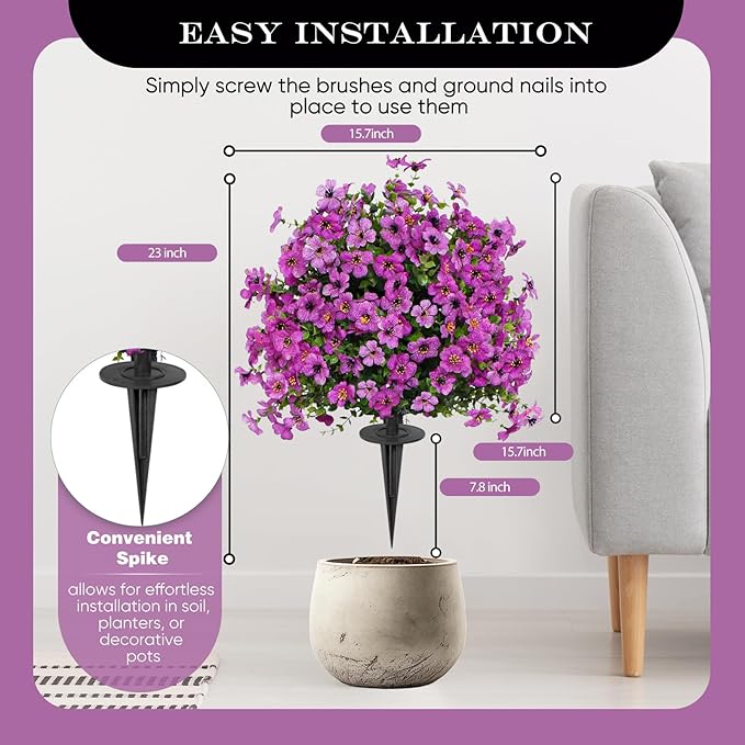 23" Set of 2 Artificial Boxwood Topiary Ball with Violet Flowers with Spikes for Outdoor , UV Resistant Faux Greenery Shrubs, Realistic Fake Bushes Plants for Garden, Yard, Front Porch, Patio Decor