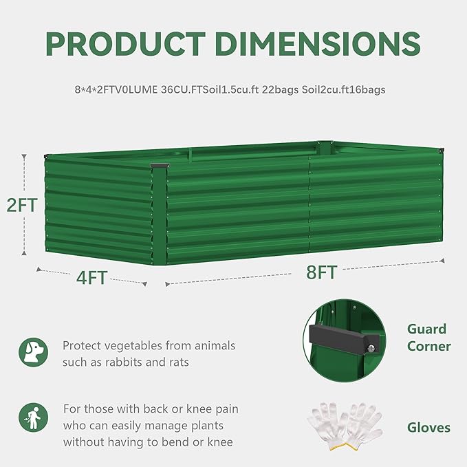 FOOWIN 2pcs 8x4x2ft Galvanized Raised Garden Bed, Planter Raised Garden Boxes Outdoor, Large Metal Raised Beds for Gardening, Garden Bed for Vegetables, Flowers, Herb,478 Gallon Capacity, Green