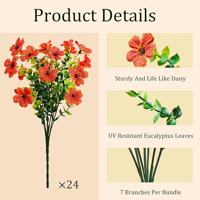 24 Bundles Artificial Plants for Outdoor Fall Flowers, Fall Decorations for Home Fake Mums Artificial Flowers, Faux Mums for Outdoor Planters Fake Plants UV Resistant for Porch Outside Yard