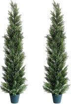 5 Feet Outdoor Artificial Topiary Cedar Tree, Set of 2 UV Resistant Potted Faux Cedar Trees for Outdoors and Indoors, Decorative Fake Shrubs Topiary Trees for Home Living Room Front Door Decor