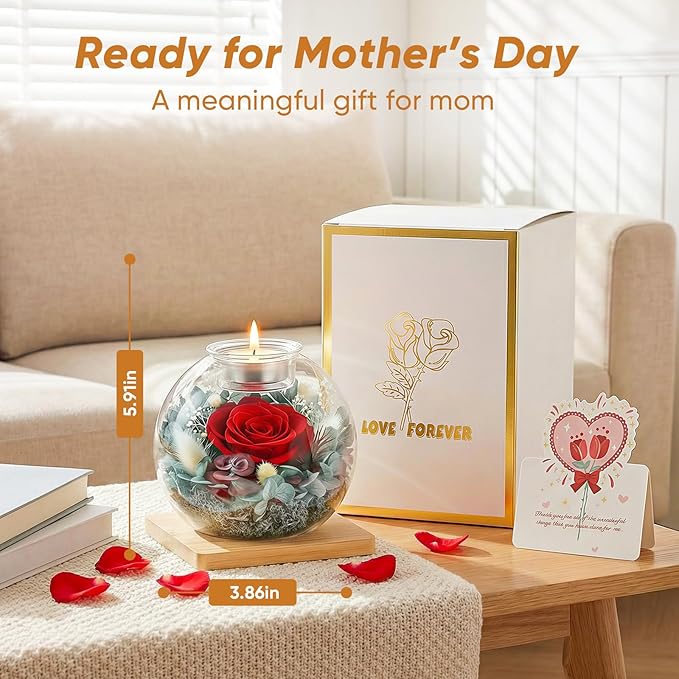 Preserved Real Rose in Glass with Scented Candles for Mom Her Wife Girlfriend Grandma Birthday Anniversary Romantic