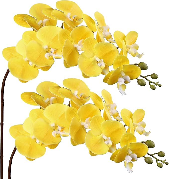 36" Faux Orchid Real Touch Signal Stem Phalaenopsis Orchid Spray with 9 Large Flowers for Home Arrangement, Artificial Flowers for Home Decor, Office House Decoration-Yellow Phalaenopsis 2 Pcs