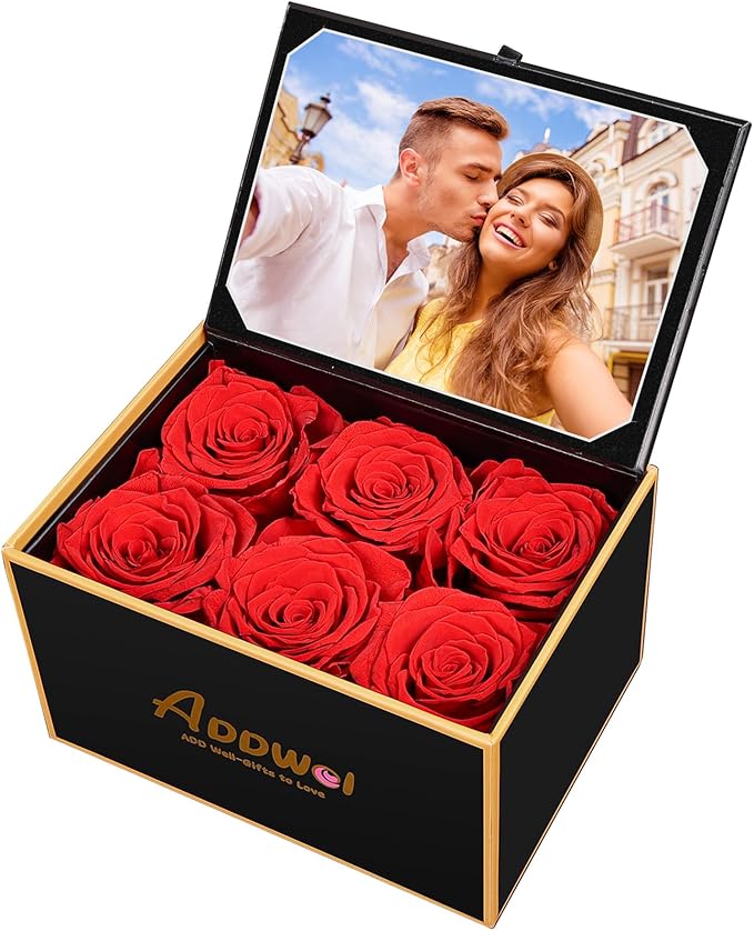 ADDWel Preserved Rose Gift Box with 4x6 Photo Frame, Romantic Flower Gifts for Women, Wife or Girlfriend, 6 Eternal Roses for Delivery on Christmas, Birthday, Anniversary, Valentine’s Day